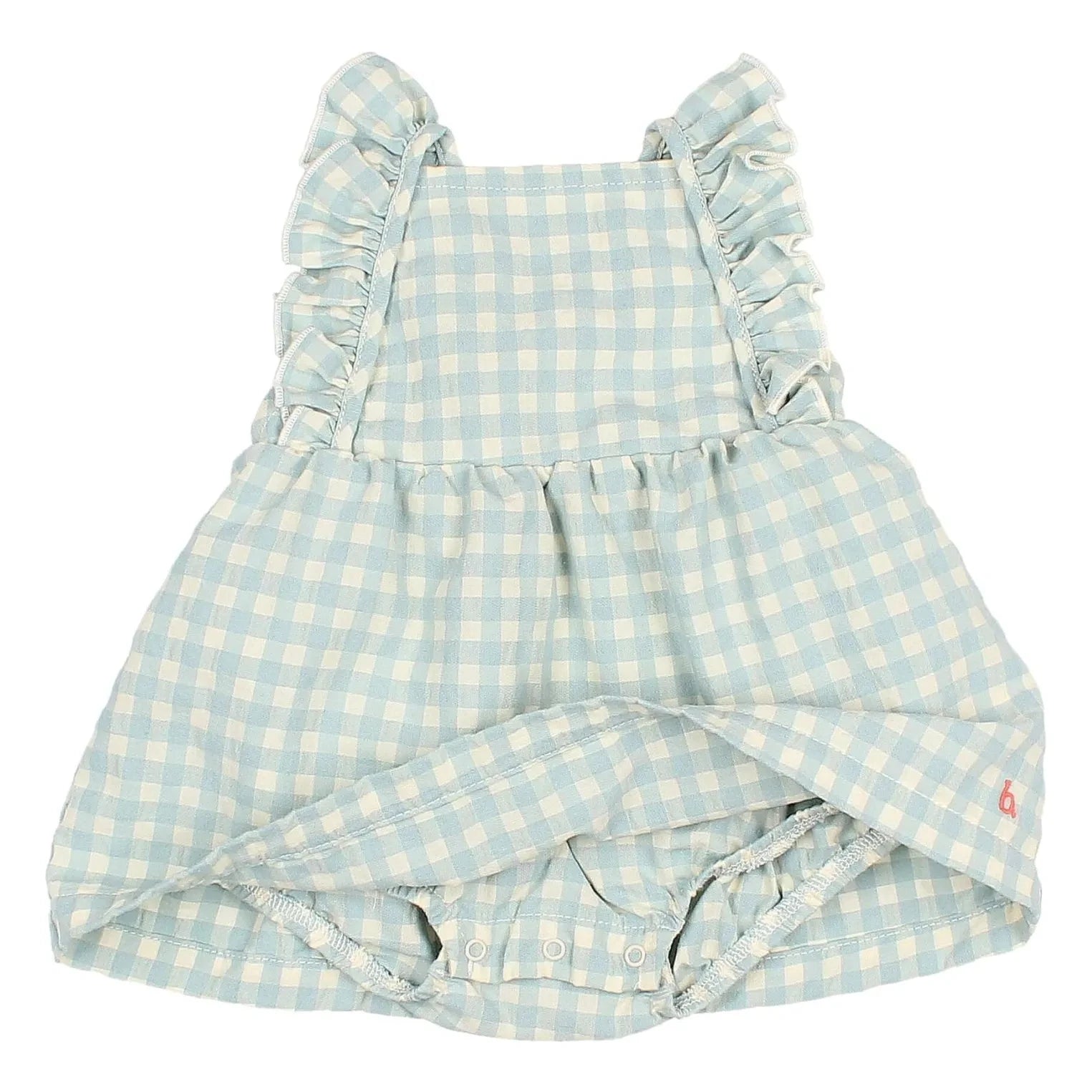Búho - Gingham Ruffled Seersucker Organic Cotton Romper Dress | Aqua