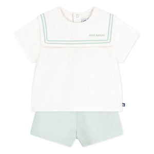 Petit Bateau - Navy Collar Top and Linen Shorts Set | Sage