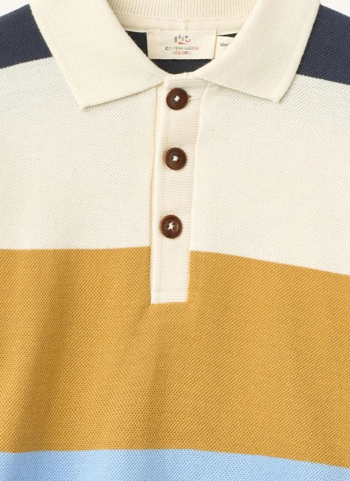 Copenhagen Colors - Organik Pamuklu Çizgili Uzun Kollu Polo Tişört | Hardal