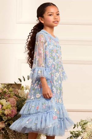 Needle & Thread Girls Tulle Sequin Bloom Dress in Blue