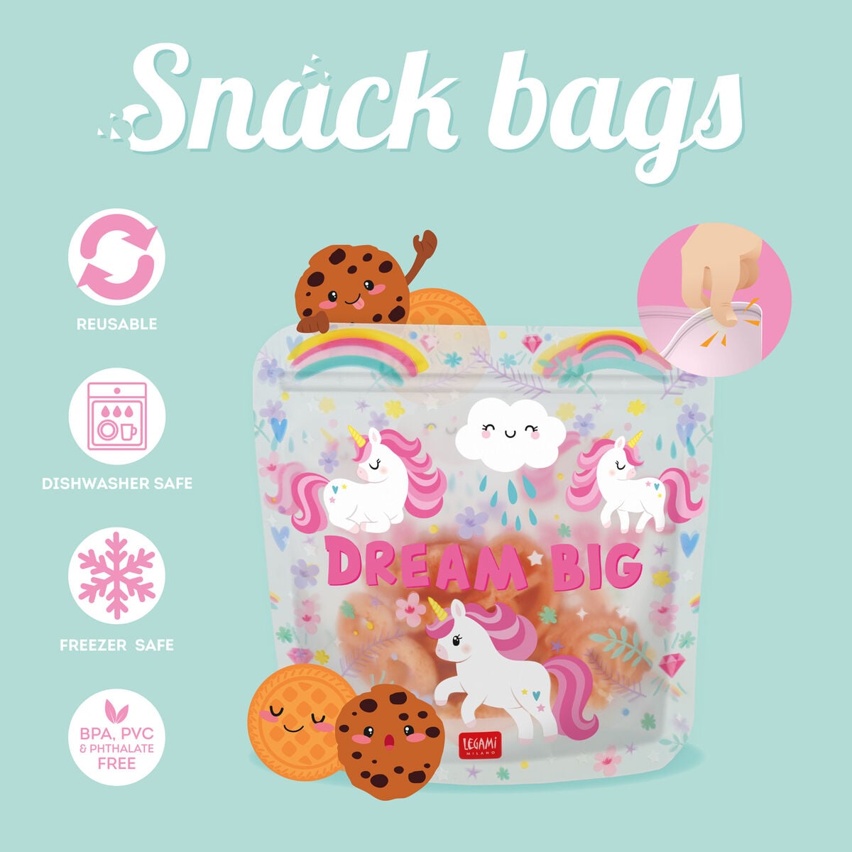 Legami - 3-piece Set Reusable Snack Bags - Unicorn - Snack Bags