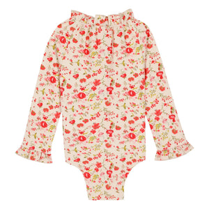 Bonton - Floral Ruffled Collar Long Sleeve Swimsuit | Red