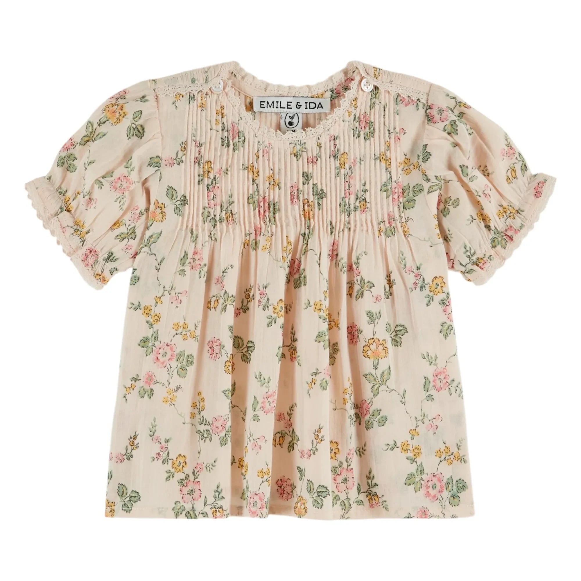 Emile et Ida - Ruffled Puffy Floral Blouse Organic Cotton | Pale Pink