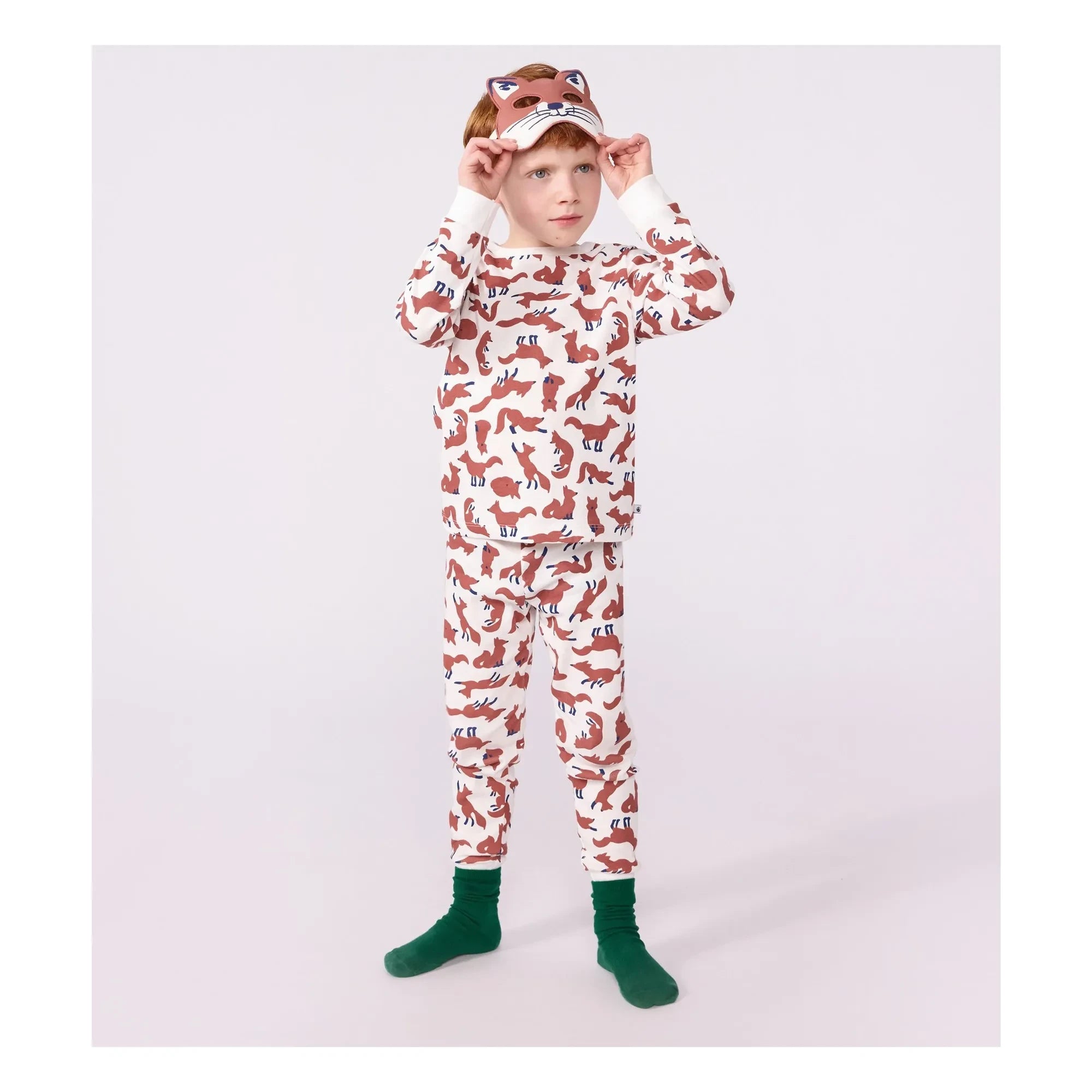 Petit Bateau - Organik Pamuk Tilki Pijama ve Maske Seti | Beyaz