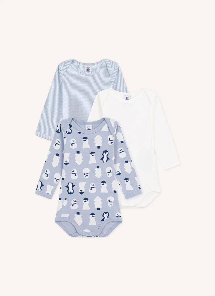 Petit Bateau - 3-Pack Organic Cotton Snowman Bodysuits | Gray Blue
