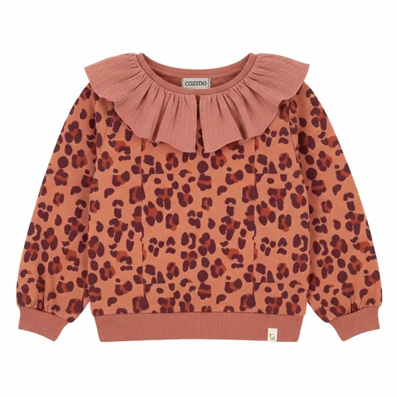 Cozmo - Laia Ruffle Collar Sweatshirt Organic Cotton Leopard | Coral