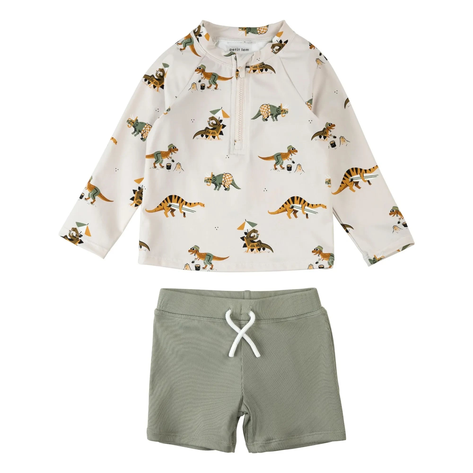 Petit Lem - Dinosaur Recycled Fiber UV Protective T-Shirt and Shorts Set | Khaki