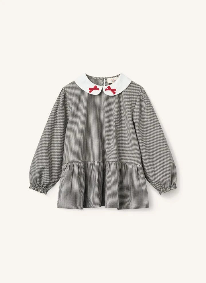 Copenhagen Colors - Embroidered Peter Pan Collar, Organic Cotton Checked Blouse | Grey