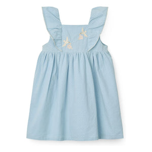 Copenhagen Colors - Floral Embroidered Bird Pattern Organic Cotton Dress | Light Blue