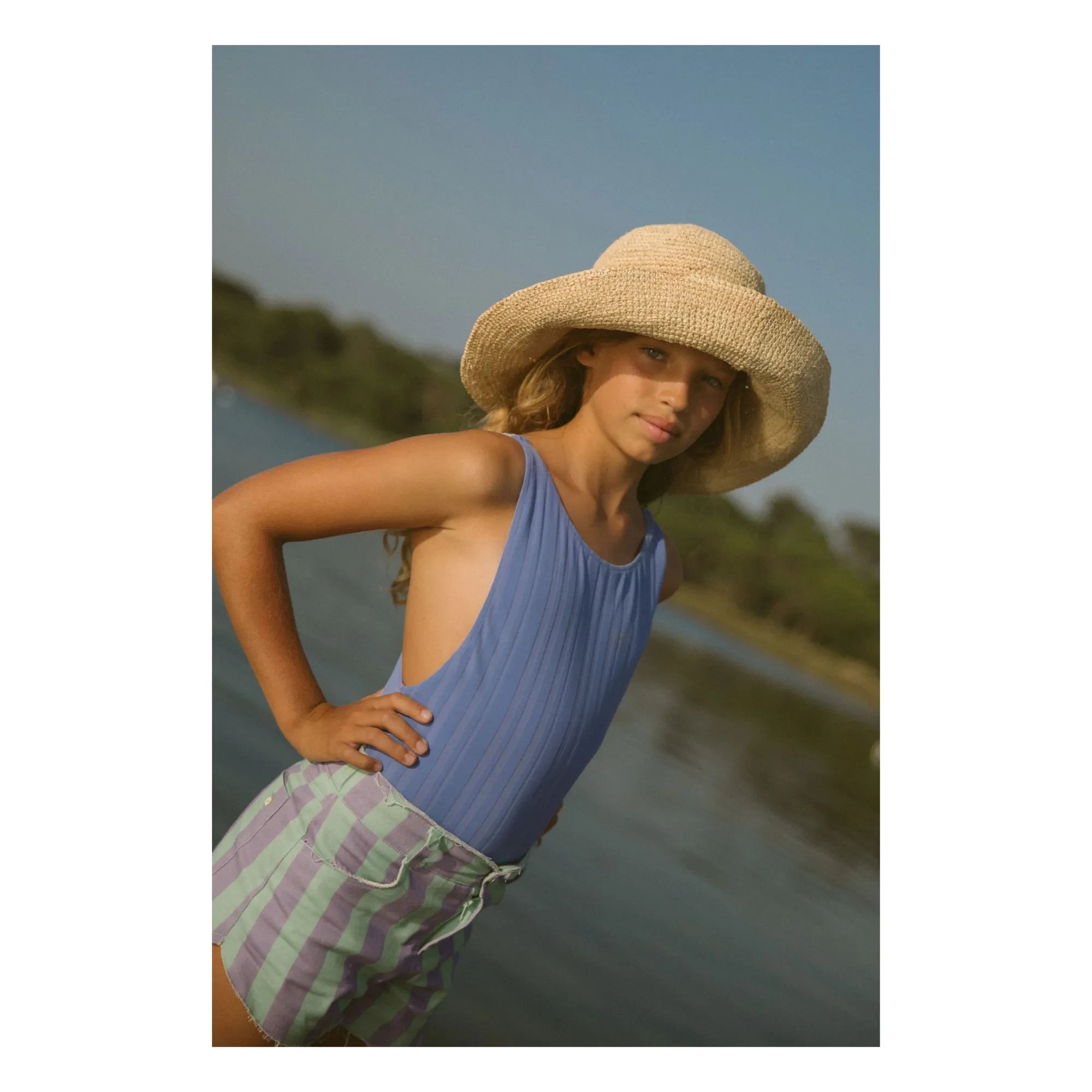 My First Cantê - Denim Pistachio Green Striped Shorts | Purple