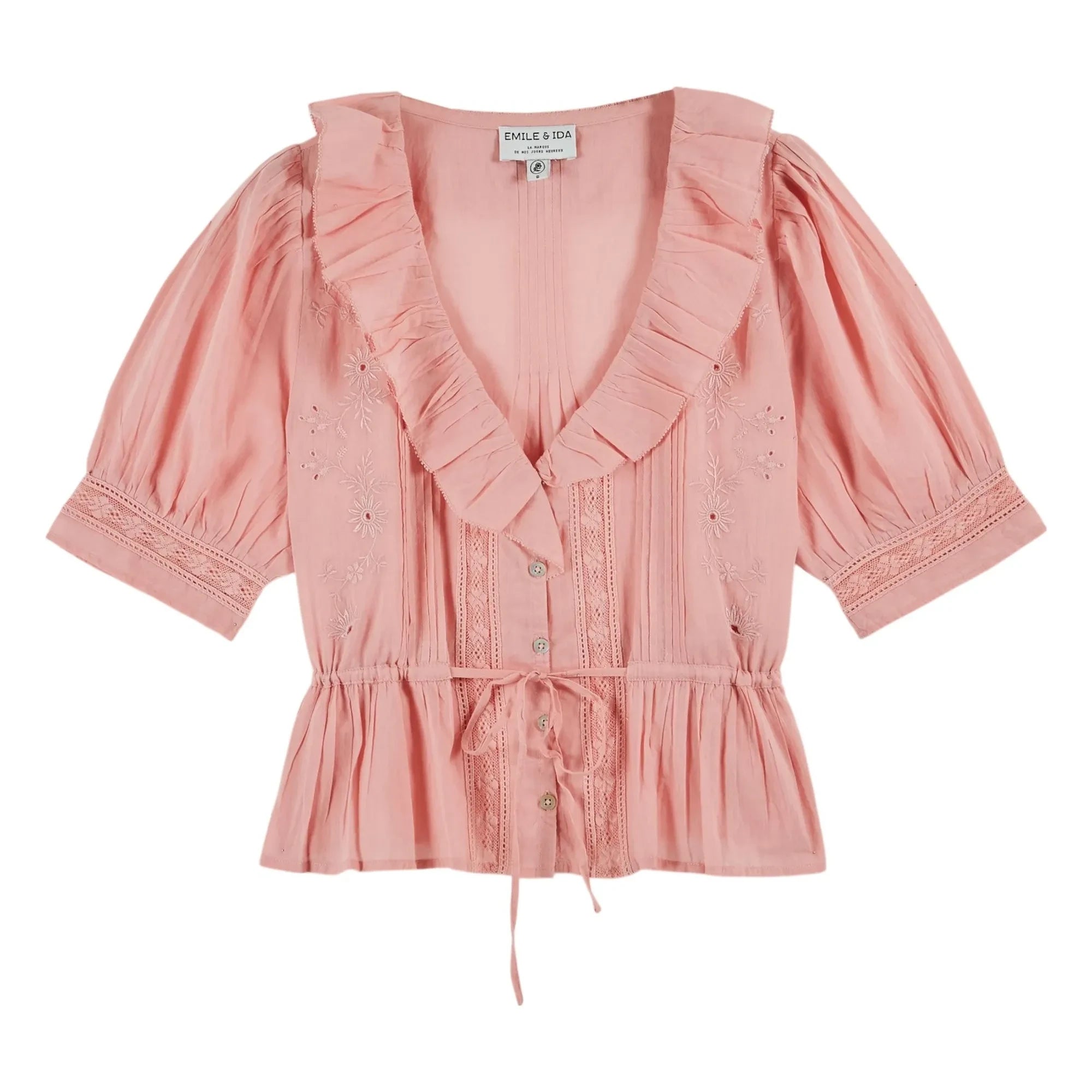 Emile et Ida - Embroidered Cotton Ruffled Blouse | Pink