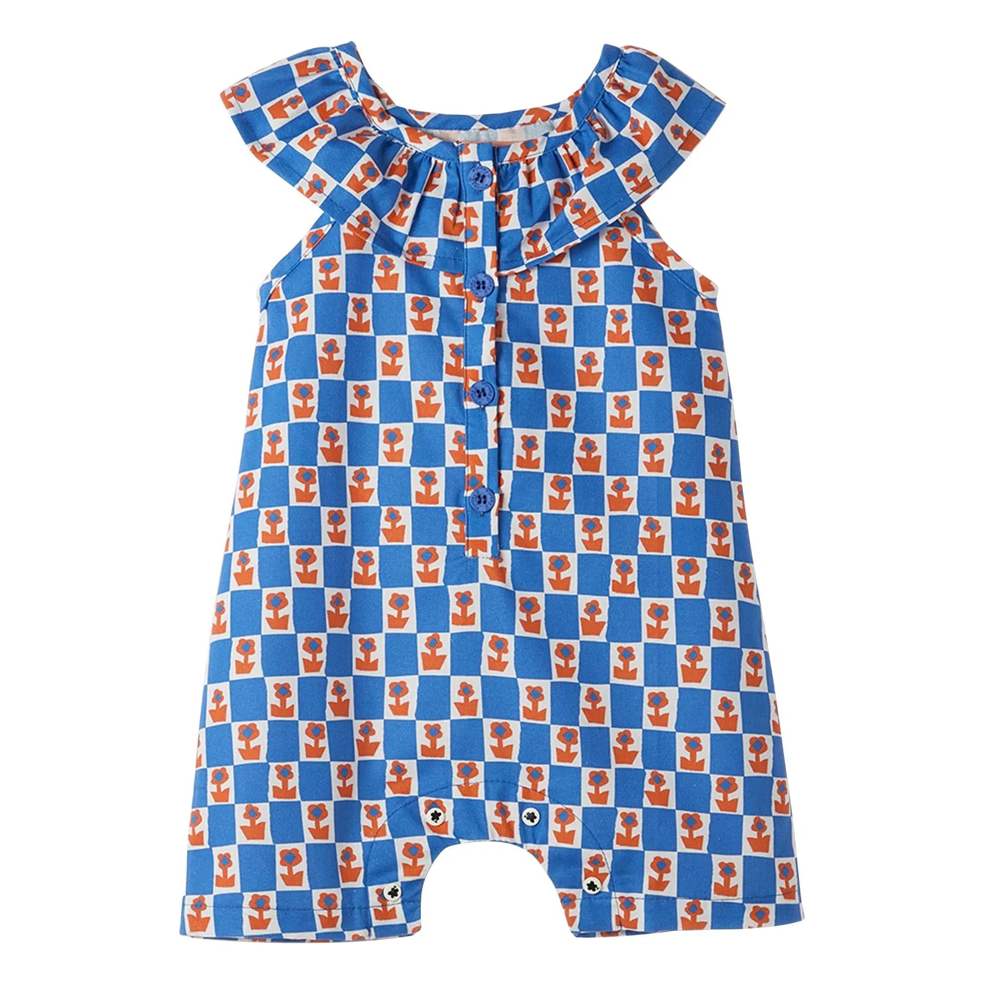Fabula - Ruffled Dungarees Damiers Flowers | Blue