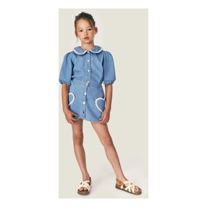 Mipounet - Louise Denim Skirt with Pockets and Hearts | Light Blue