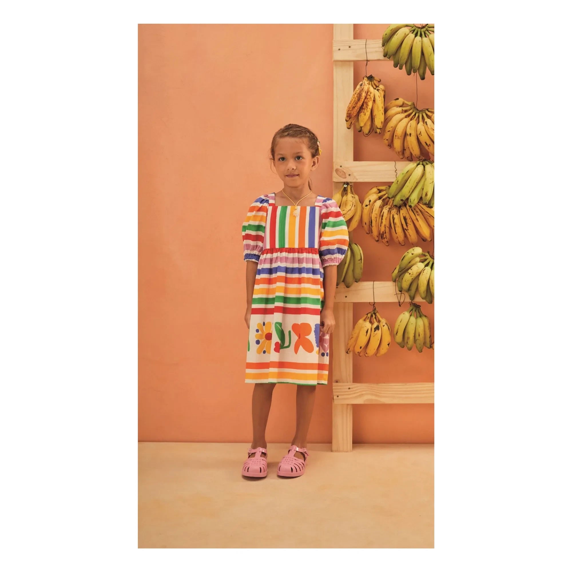 Fabula - Striped Floral Balloon Sleeve Dress | Yellow
