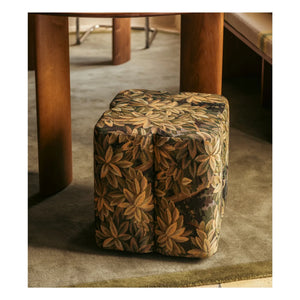 The Socialite Family - Fiori pouf in green leaf pattern tapestry fabric | White