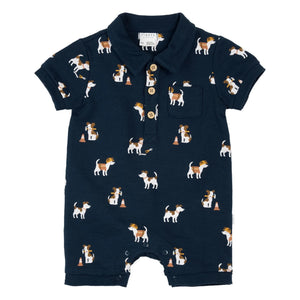 Petit Lem - Organic Cotton Towel Dogs Romper | Navy Blue