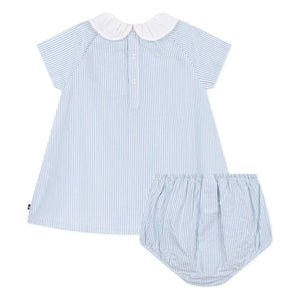 Petit Bateau - Striped Seersucker Organic Cotton Collar and Bloomer Dress Set | Blue