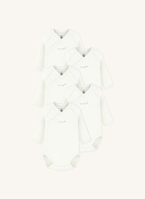 Petit Bateau - 5-Pack Mon Coeur Organic Cotton Wrap Bodysuit Set | White