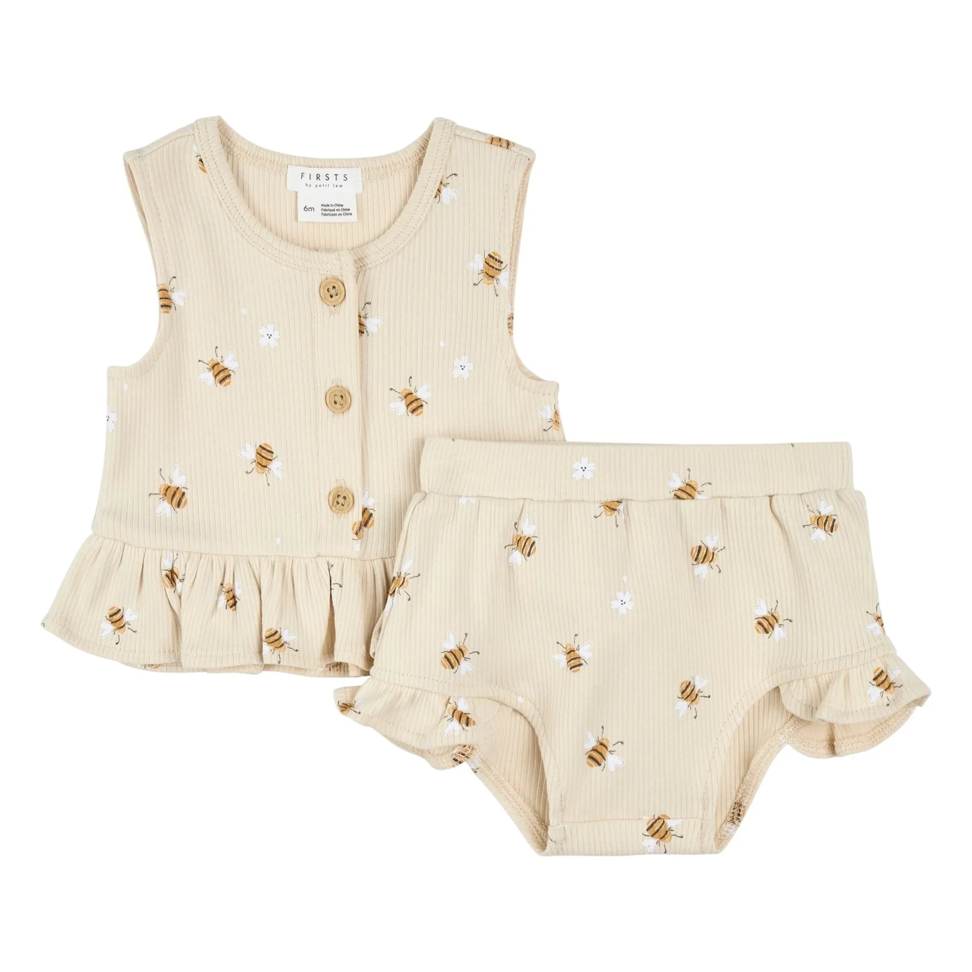 Petit Lem - Organic Cotton Ribbed Bee Patterned Top and Shorts Set | Beige