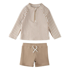 Petit Lem - Seersucker Striped UV Protective T-Shirt and Shorts Set Made from Recycled Fibers | Beige