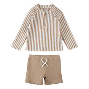 Petit Lem - Seersucker Striped UV Protective T-Shirt and Shorts Set Made from Recycled Fibers | Beige