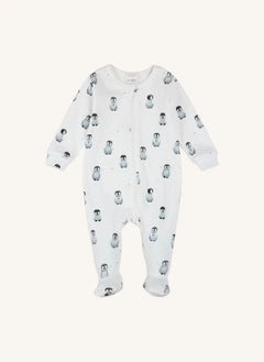 Petit Lem - Organic Cotton Ribbed Penguin Print Footed Pajamas | Ecru