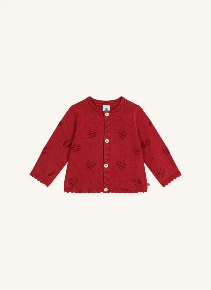 Petit Bateau - Organic cotton heart eyelet cardigan | Red