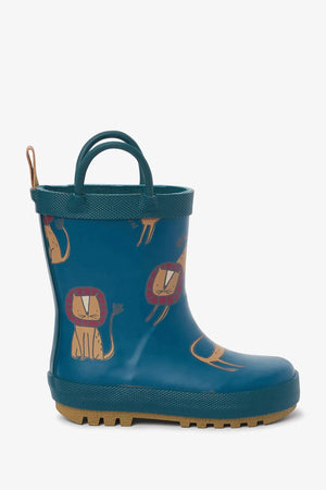 Dinossi - Boy Navy Blue Sweet Lion Rain Boots with Handles - 29