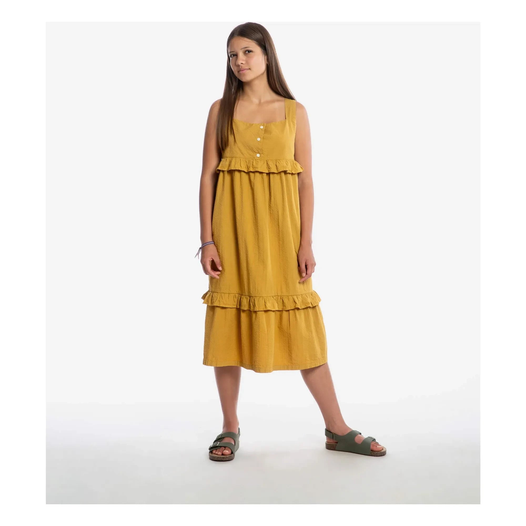 Matona - Mi-Long Ruffle Dress Organic Cotton | Mustard