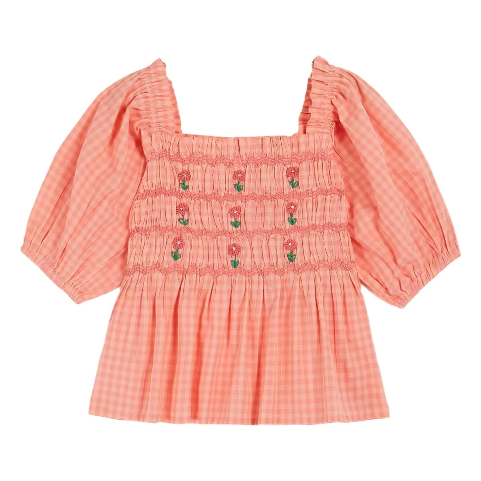 Emile et Ida - Embroidered Checked Drawstring Blouse | Peach