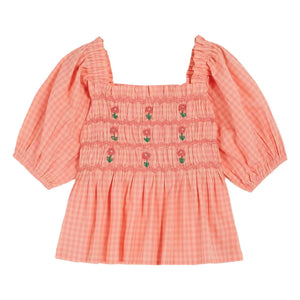 Emile et Ida - Embroidered Checked Drawstring Blouse | Peach