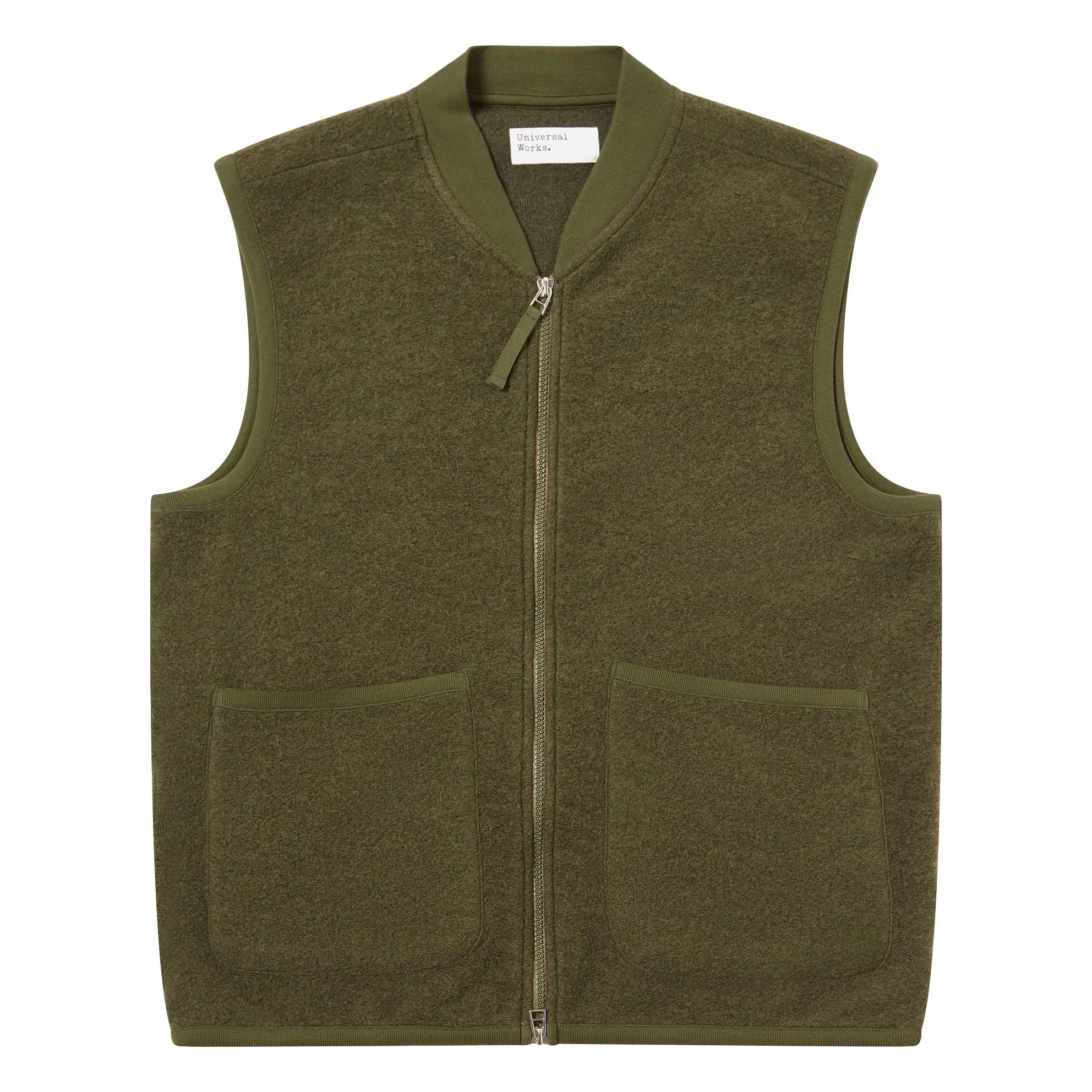 Universal Works - Zip Sleeveless Wool Vest | Khaki