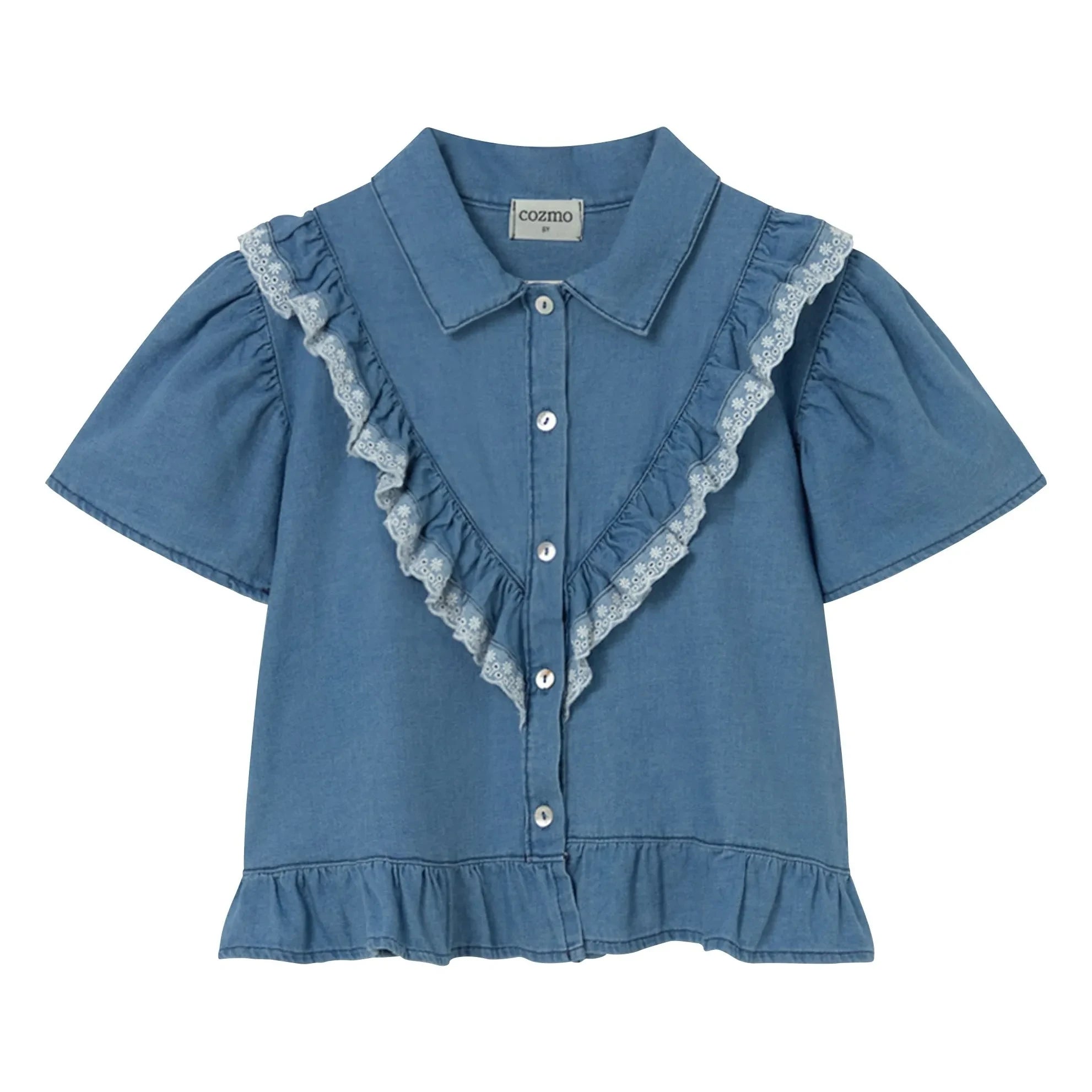 Cozmo - Hazel Denim Ruffled Blouse | Blue