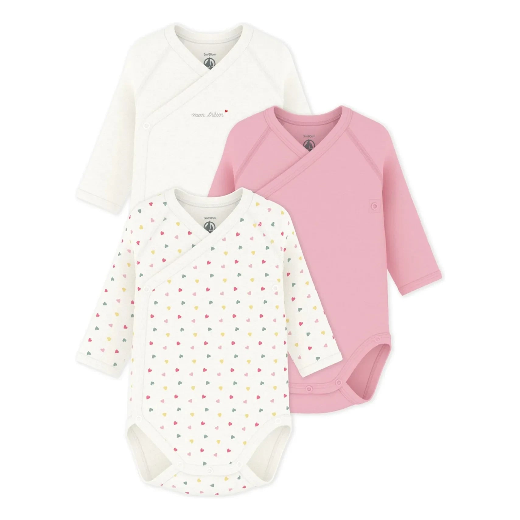 Petit Bateau - 3-Pack Mon Trésor Organic Cotton Cross-Back Romper Set | White