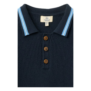 Copenhagen Colors - Ribbed Contrast Striped Organic Cotton Polo T-Shirt | Navy Blue