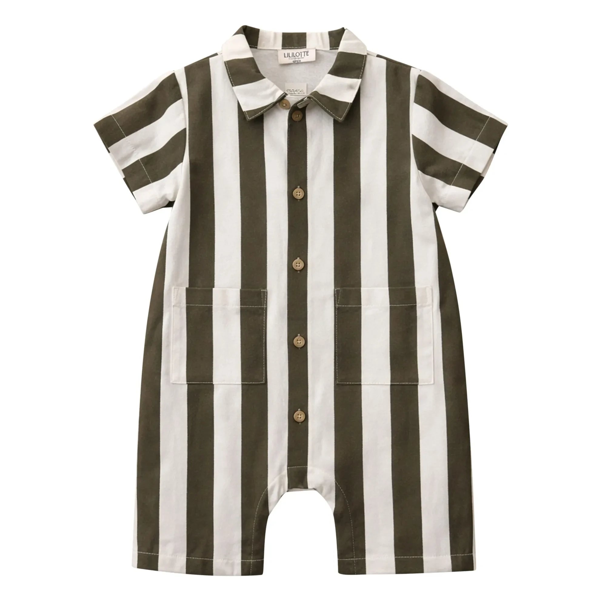 Lililotte - Charly Striped Gabardine Organic Cotton Romper | Olive