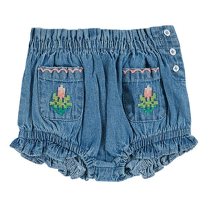 Emile et Ida - Embroidered Flower Pocket Denim Bloomer | Blue