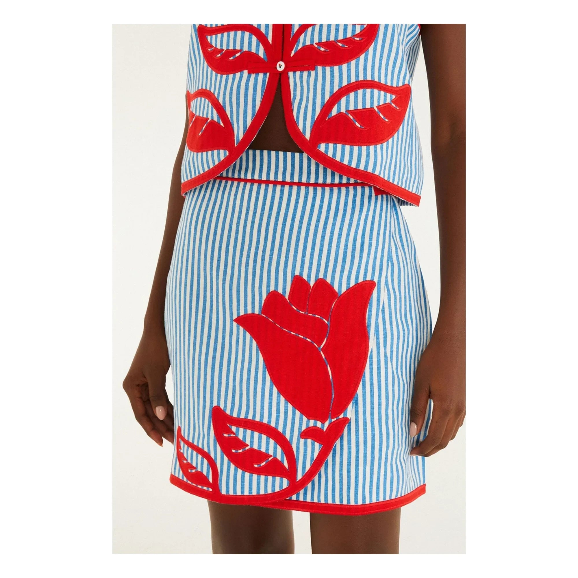Farm Rio - Sky Linen Striped Skirt | Navy Blue