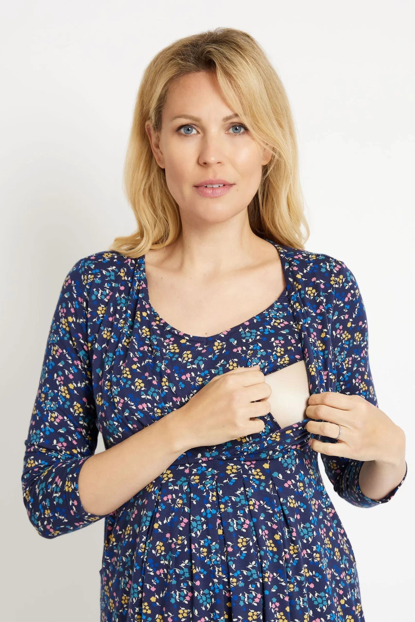 JoJo Maman - Navy Blue Floral Pleated Maternity and Nursing Tunic Dress - M