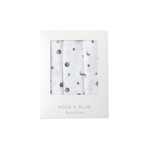 Rosa & Blue Muslin Squares - Starlit Moon - 3 Pack-Muslin Squares-Starlit Moon- | Natural Baby Shower