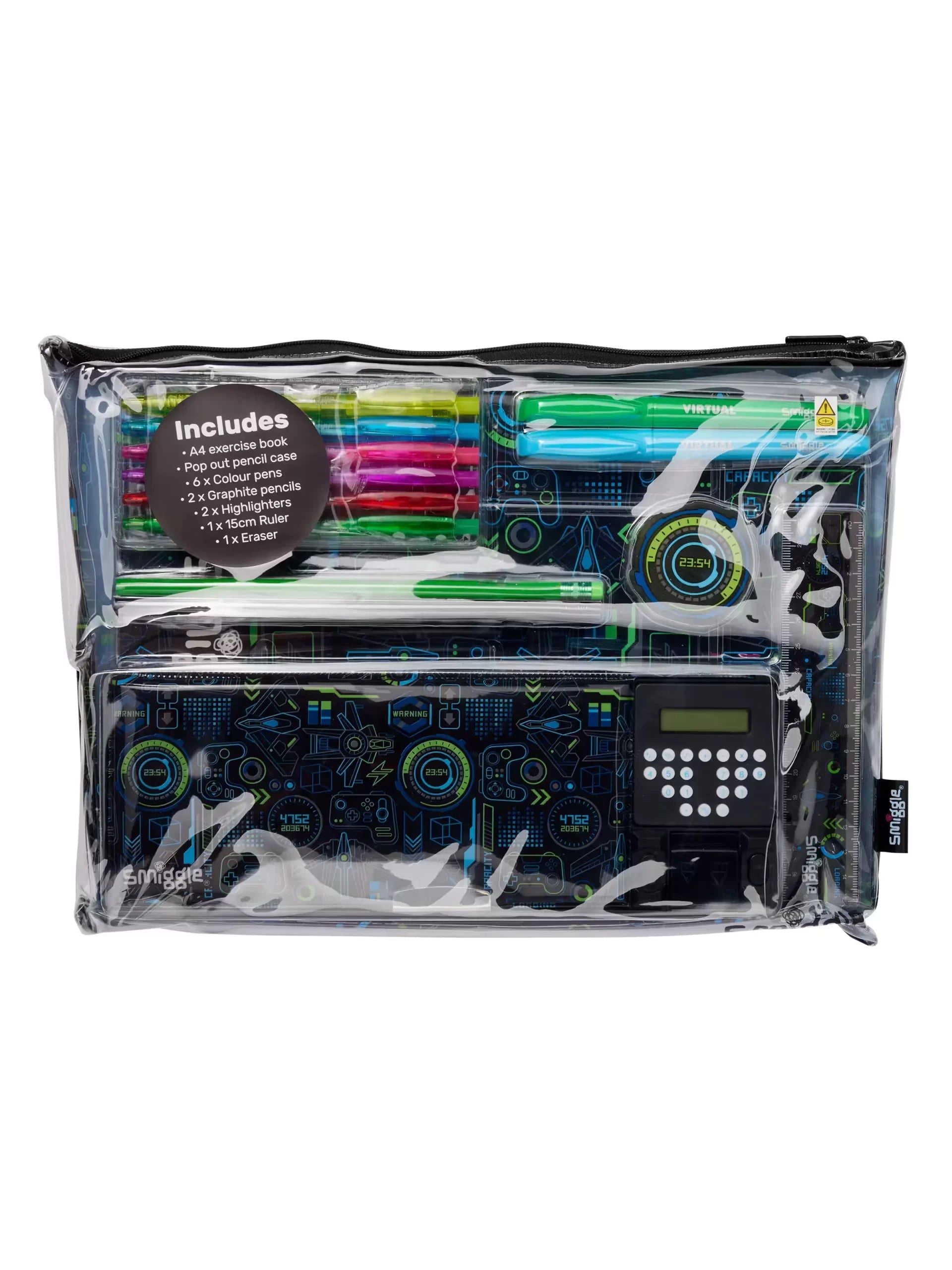 Smiggle - Pop Out Gamer Automatic Pencil Case with Calculator and Stationery Set