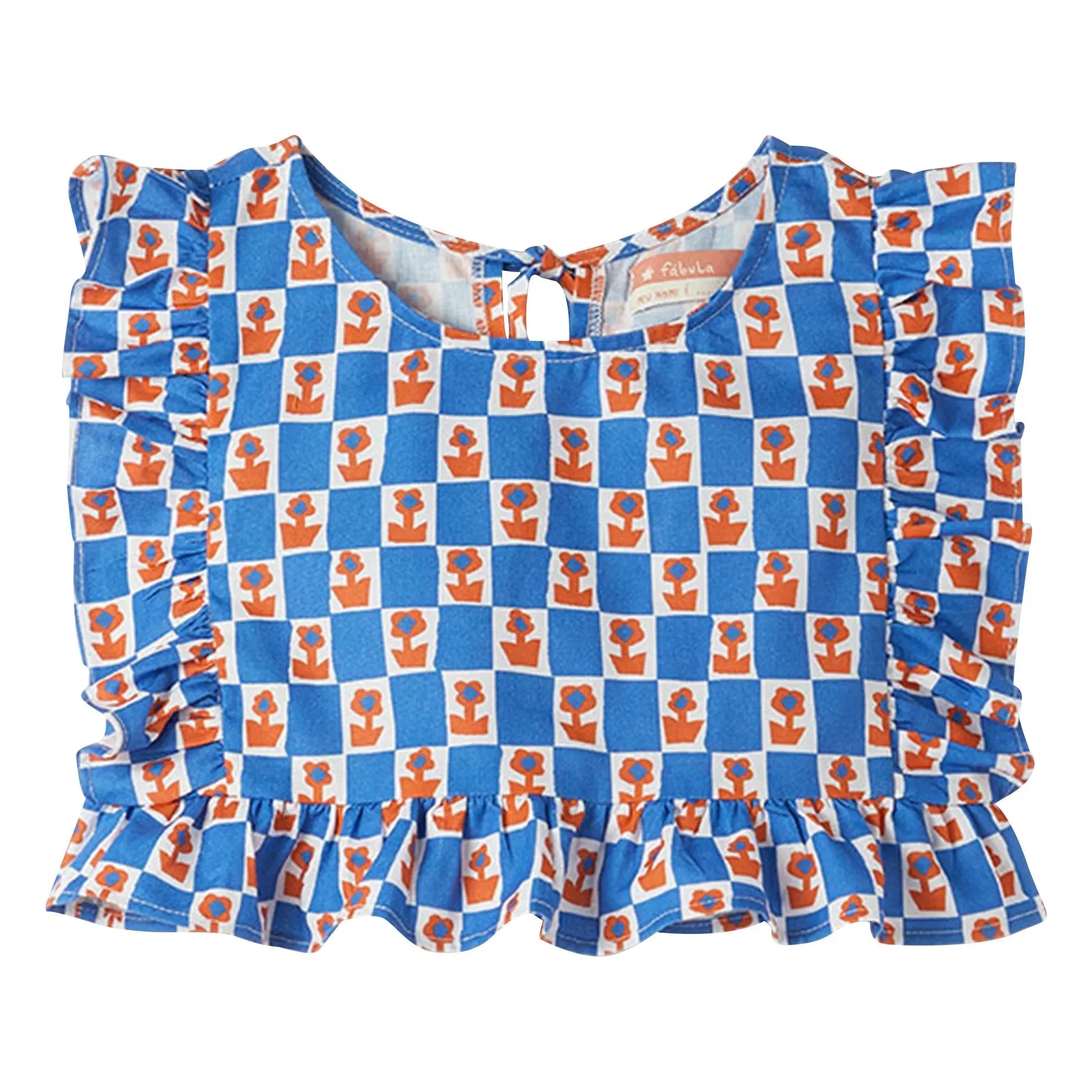 Fabula - Damier Flowers Flared Top | Blue