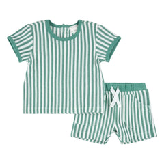 Petit Lem - Organic cotton striped T-shirt and shorts set | Turquoise