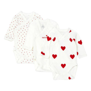 Petit Bateau - Pack of 3 Heart Cross-Strap Organic Cotton Rompers | Red