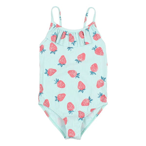 Búho - Strawberry Pattern Ribbed Swimsuit | Aqua