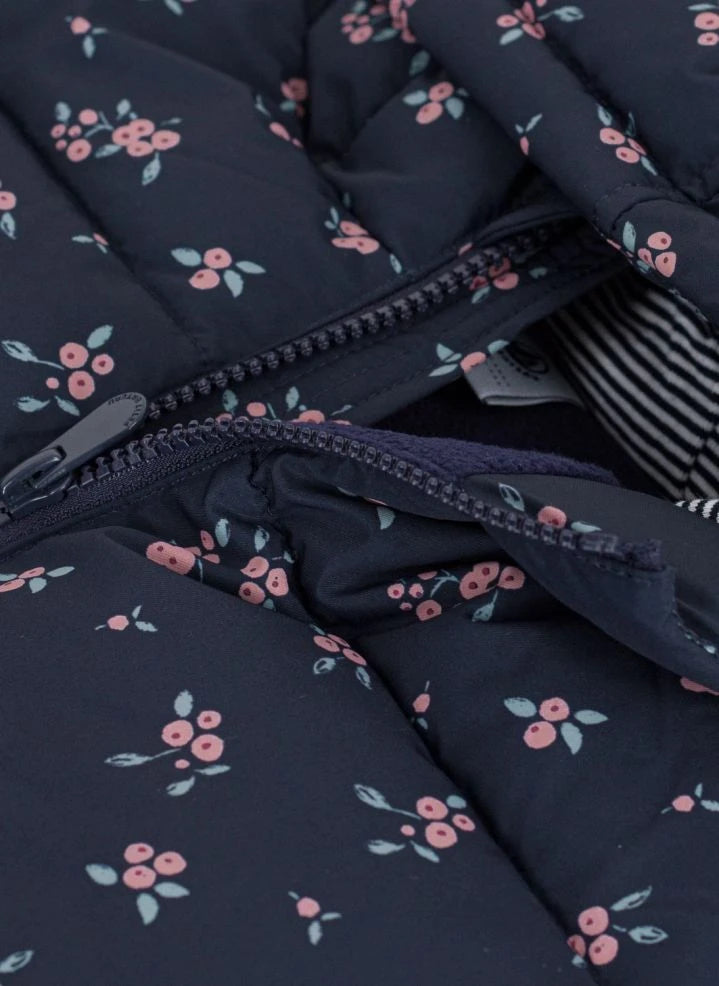 Petit Bateau - Çiçek Desenli Kapüşonlu Şişme Mont | Lacivert