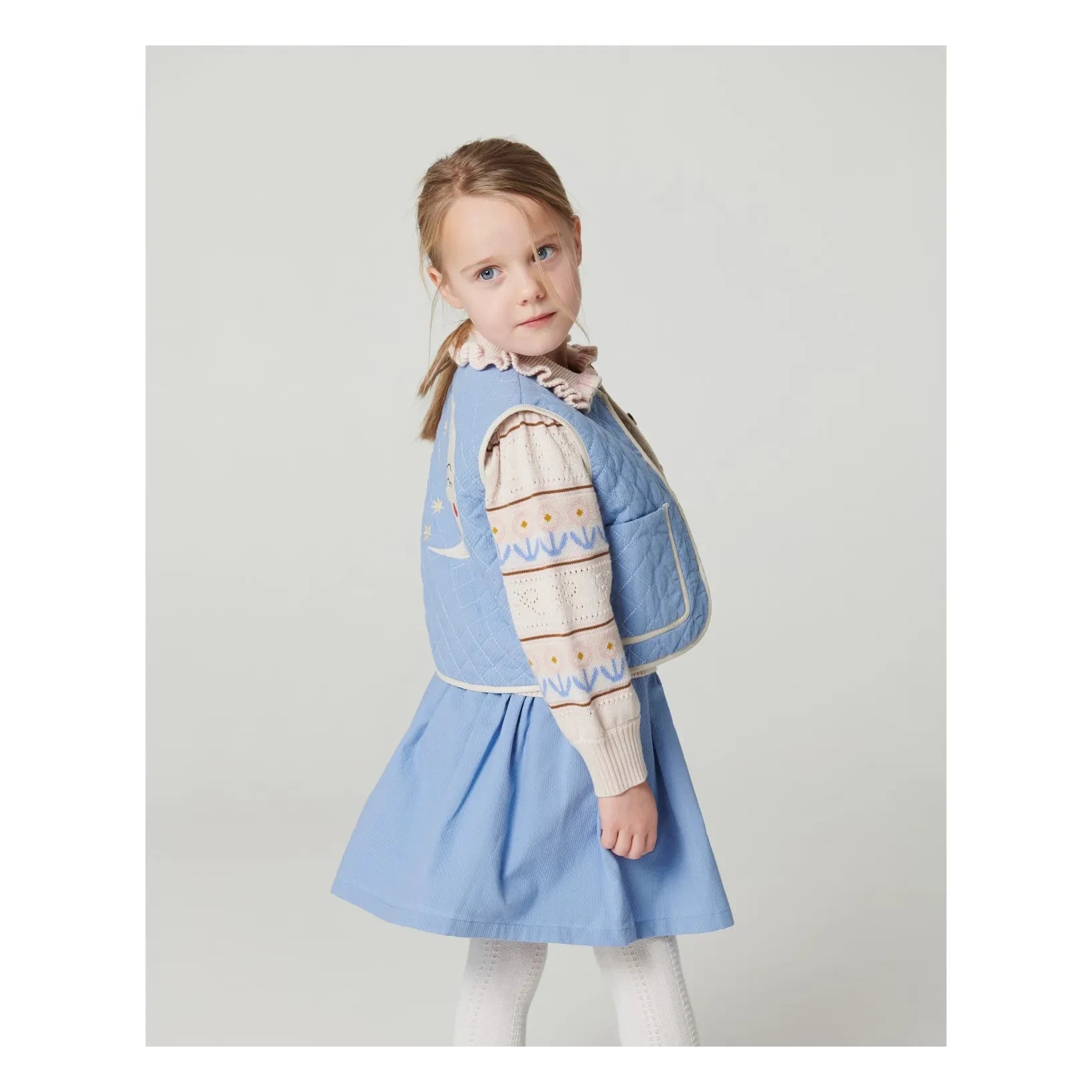 Copenhagen Colors - Moon Embroidered Organic Cotton Quilted Sleeveless Vest | Light blue
