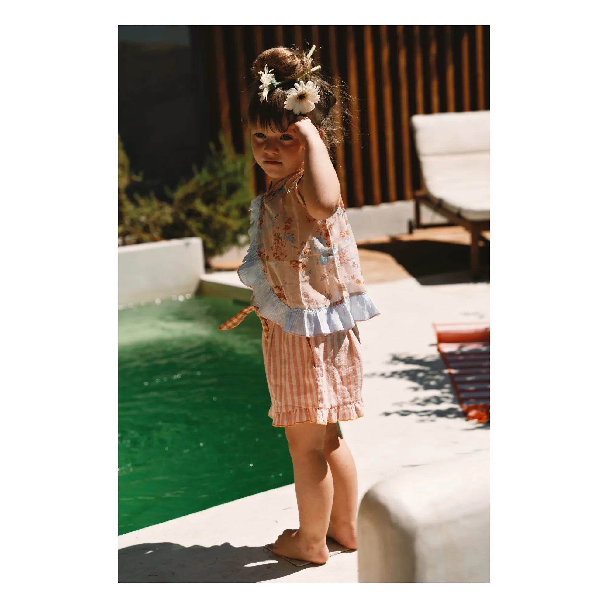 Lilinoa - Floral Pattern Ruffled Cotton Voile Top | Peach