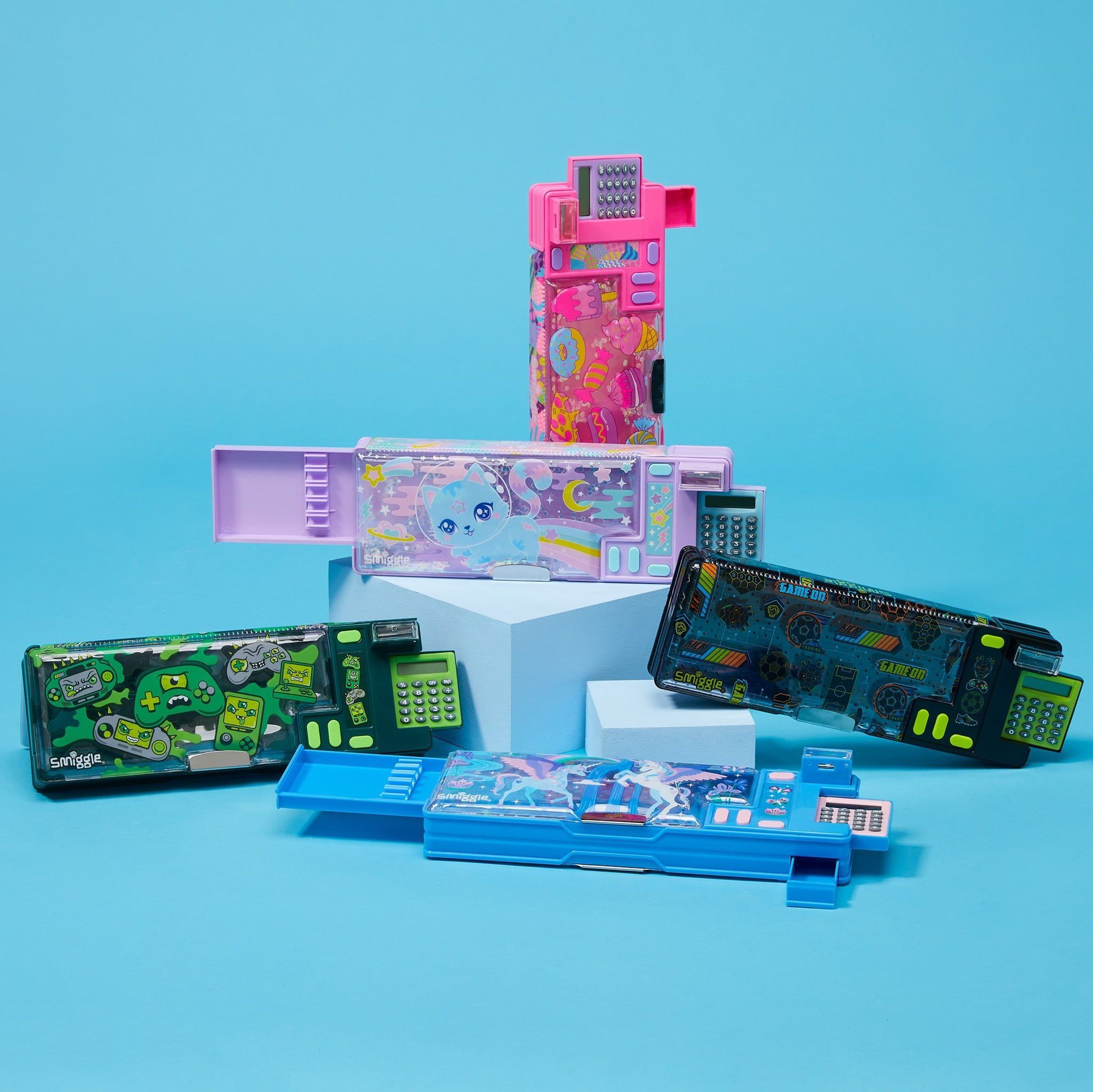 Smiggle - Hesap Makineli Pop Out Otomatik Kalem Kutusu ve Özel Kalem Seti-Dinossi