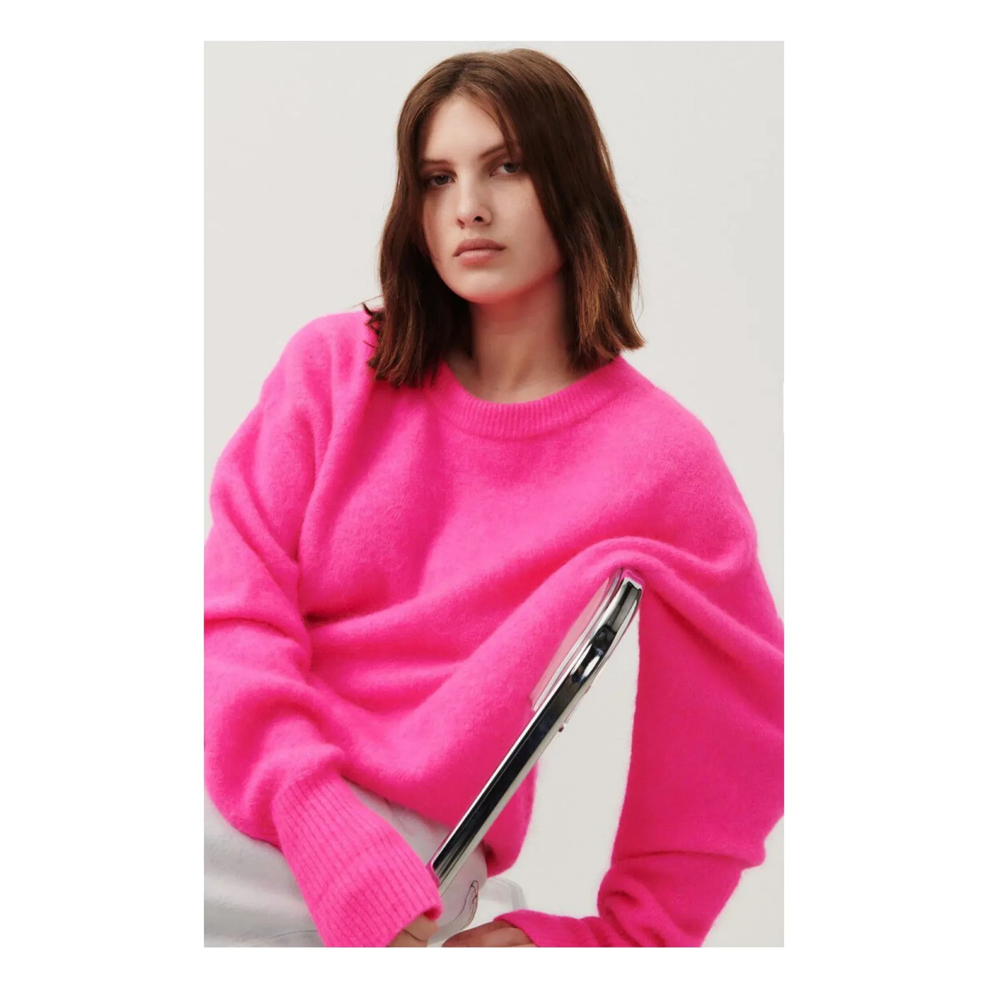American Vintage - Vitow Alpaka ve Yün Boatneck Kazak | Floresan pembe